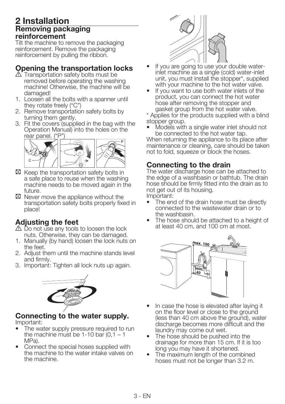 2 installation, Removing packaging reinforcement, Opening the transportation locks | Adjusting the feet, Connecting to the water supply, Connecting to the drain | Smeg LBS 126 User Manual | Page 3 / 12