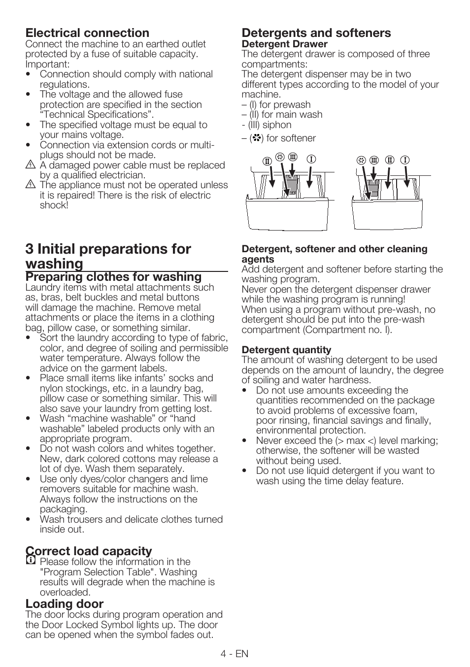 3 initial preparations for washing, Electrical connection, Preparing clothes for washing | Correct load capacity, Loading door, Detergents and softeners | Smeg LBS 126 User Manual | Page 4 / 12