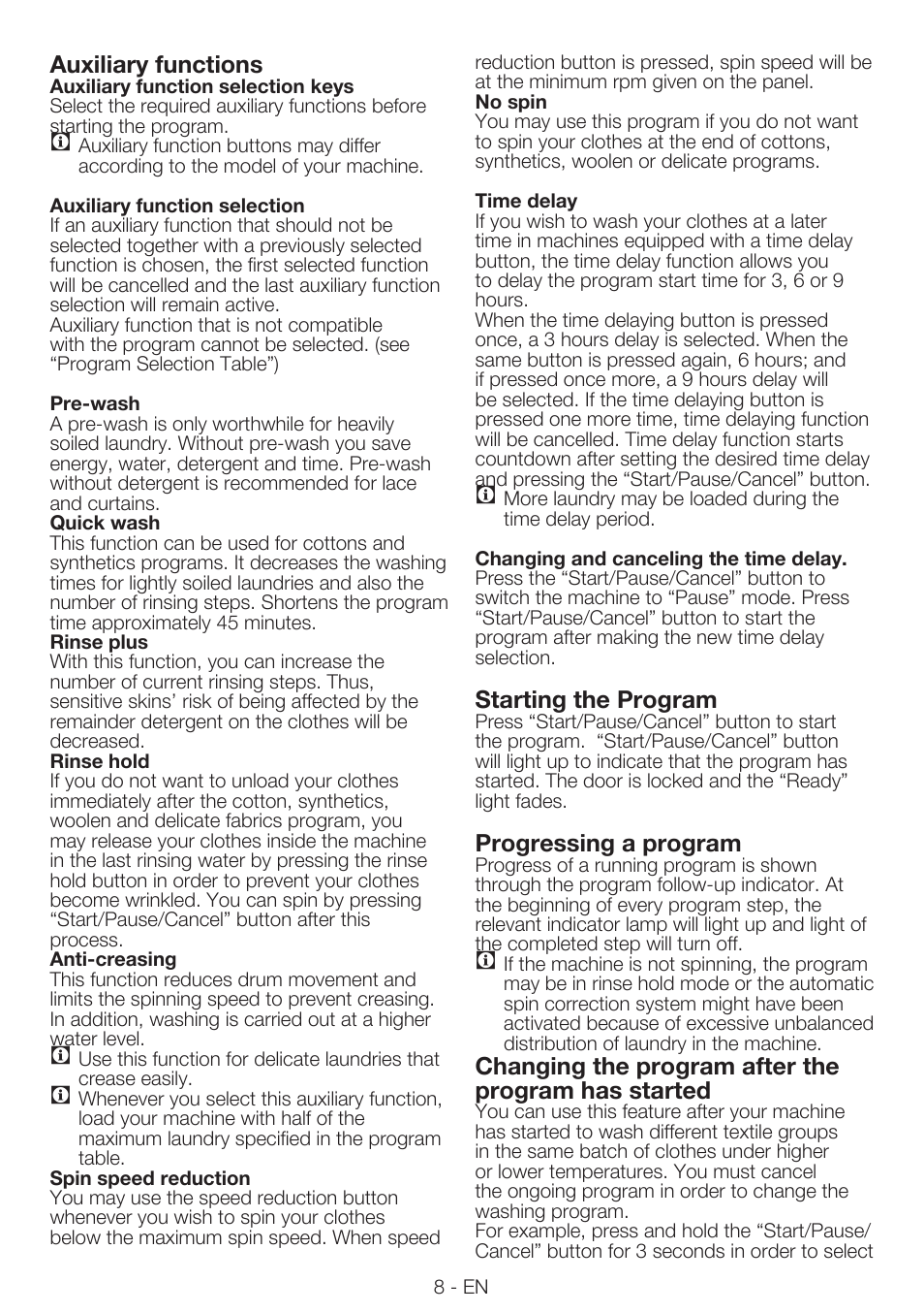 Auxiliary functions, Starting the program, Progressing a program | Changing the program after the program has started | Smeg LBS 126 User Manual | Page 8 / 12