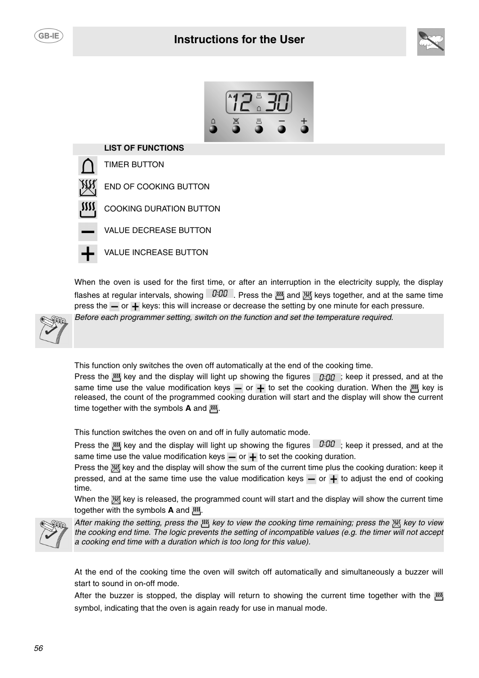 Electronic programmer, 1 setting the time, 2 semiautomatic cooking | 3 automatic cooking, 4 end of cooking, Instructions for the user | Smeg CP60X6 User Manual | Page 11 / 21