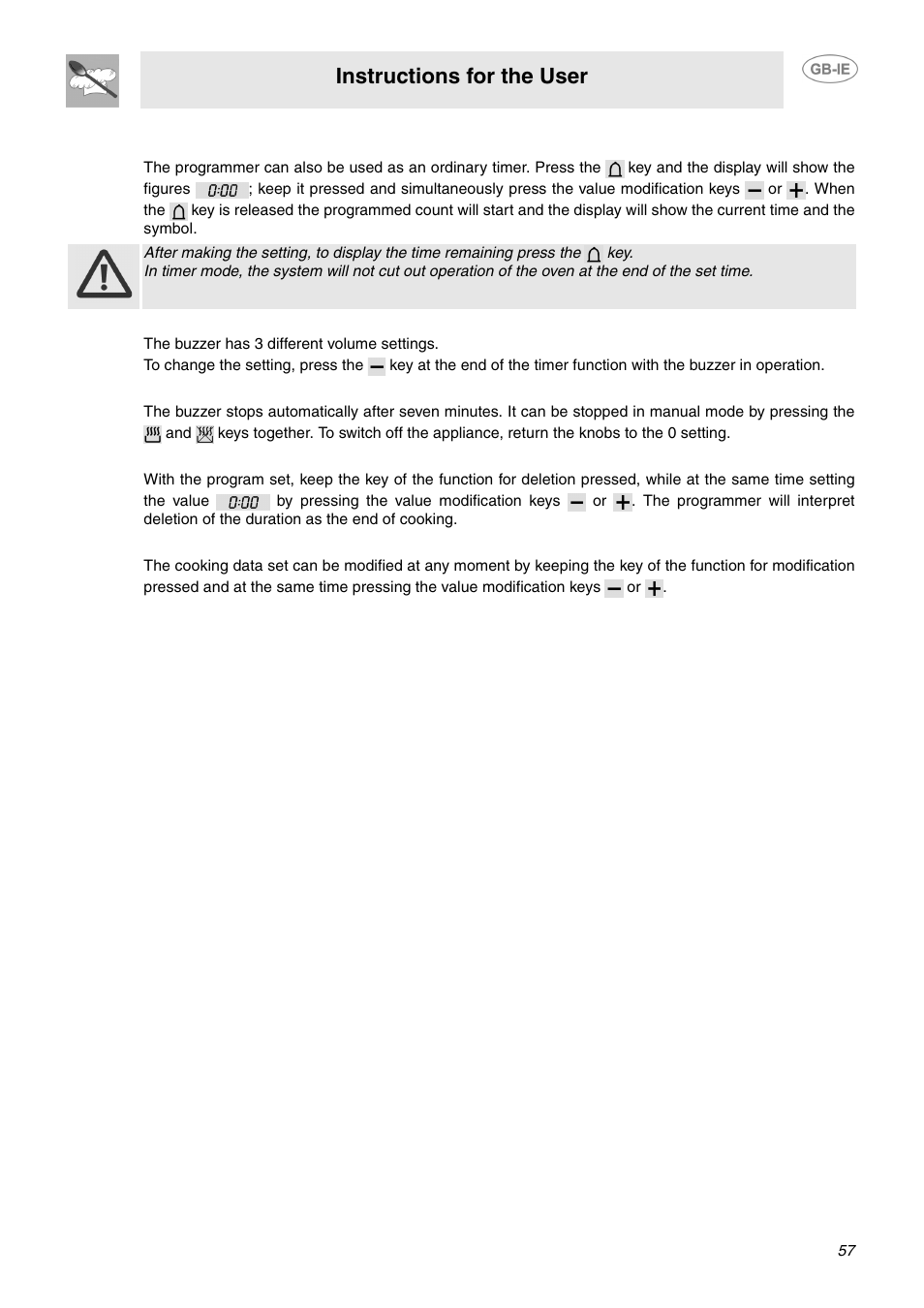 5 timer, 6 adjusting the buzzer volume, 7 stopping the buzzer | 8 deleting the data set, 9 modifying the data set, Instructions for the user | Smeg CP60X6 User Manual | Page 12 / 21