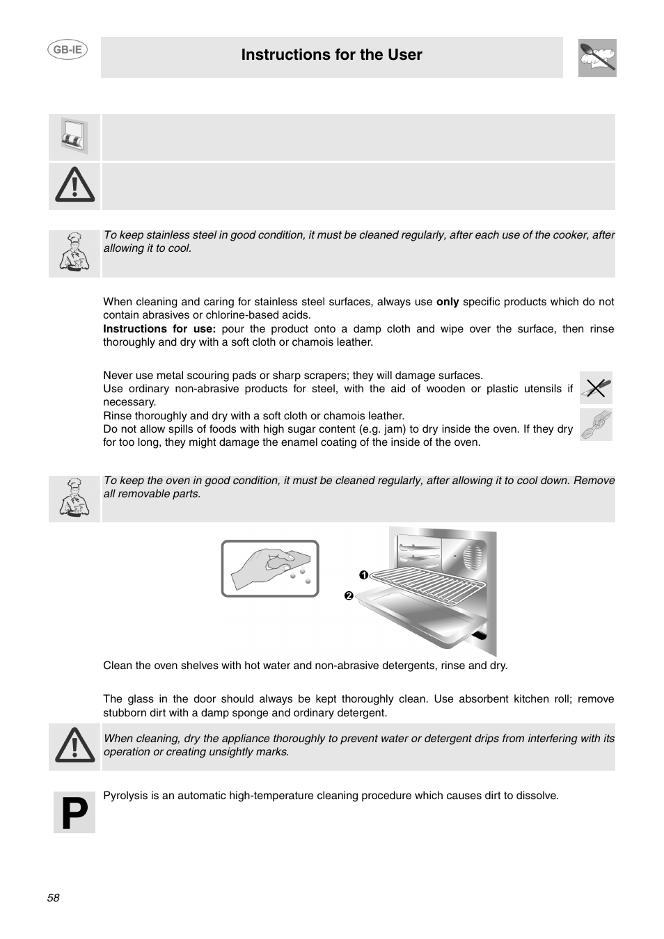 Cleaning and maintenance, 1 cleaning stainless steel, 2 routine daily cleaning | 3 food stains or spills, 4 cleaning the oven, 5 cleaning the door glazing, 6 pyrolysis: automatic oven cleaning, Instructions for the user | Smeg CP60X6 User Manual | Page 13 / 21