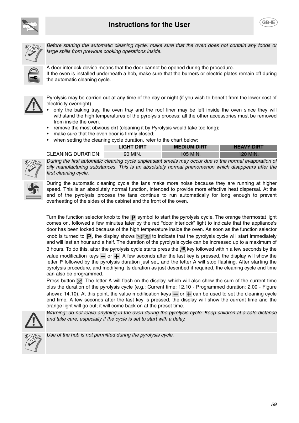 7 before starting the automatic cleaning cycle, 8 setting the automatic cleaning cycle, Instructions for the user | Smeg CP60X6 User Manual | Page 14 / 21