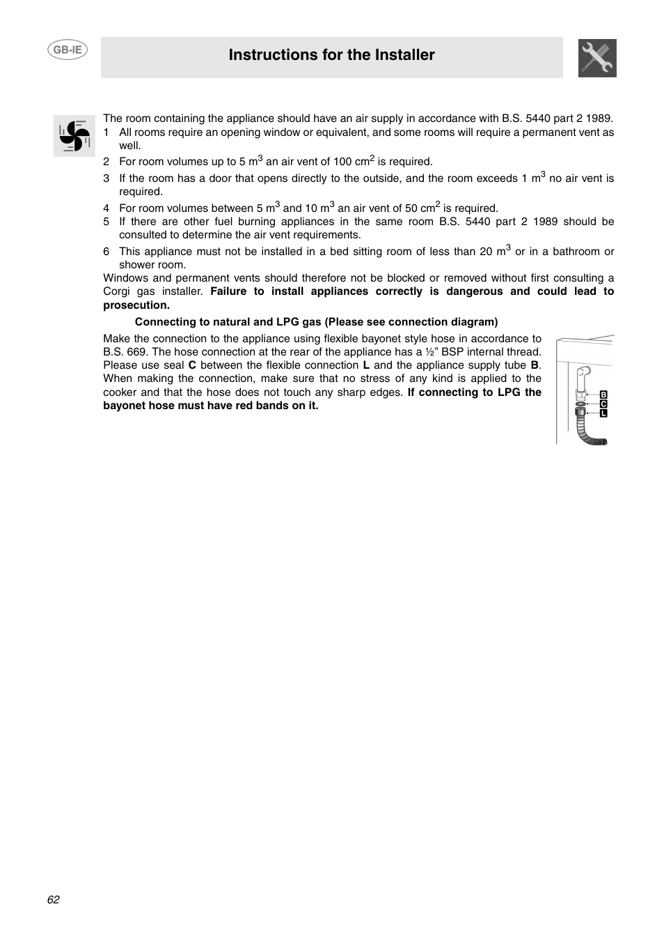 2 ventilation requirements, Instructions for the installer | Smeg CP60X6 User Manual | Page 17 / 21