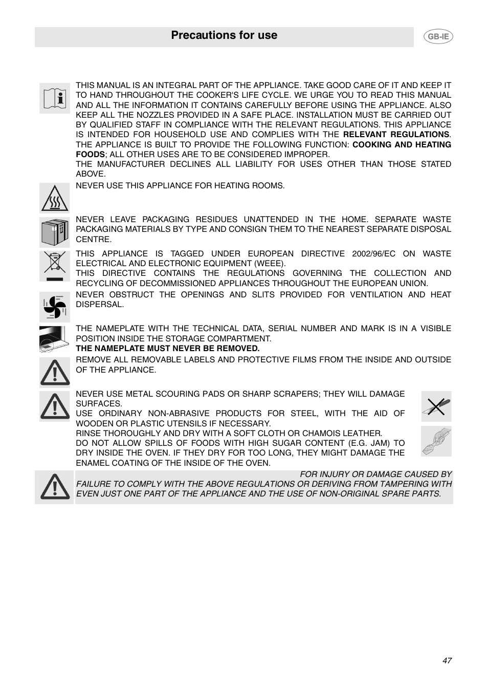 Precautions for use | Smeg CP60X6 User Manual | Page 2 / 21