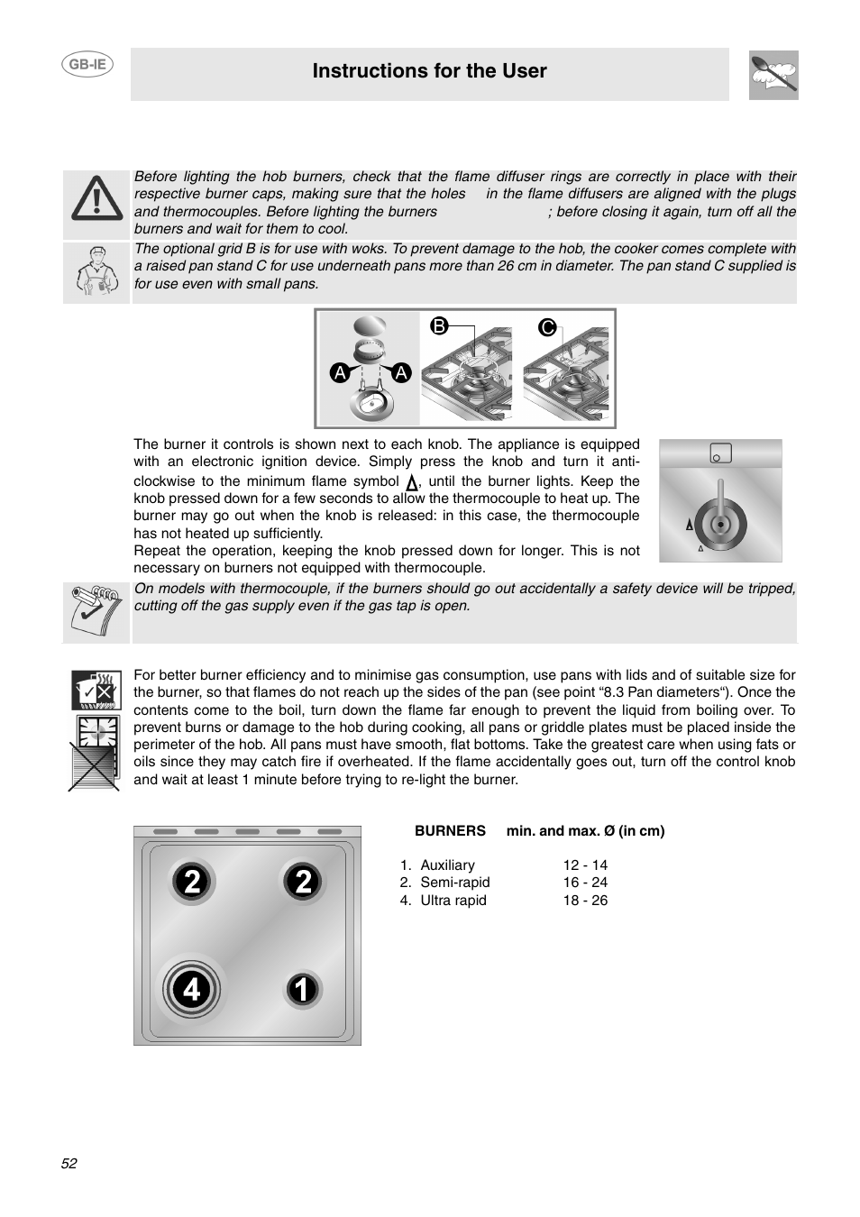 Using the hob, 1 lighting the hob burners, 2 practical hints for using the hob burners | 3 pan diameters, Instructions for the user | Smeg CP60X6 User Manual | Page 7 / 21