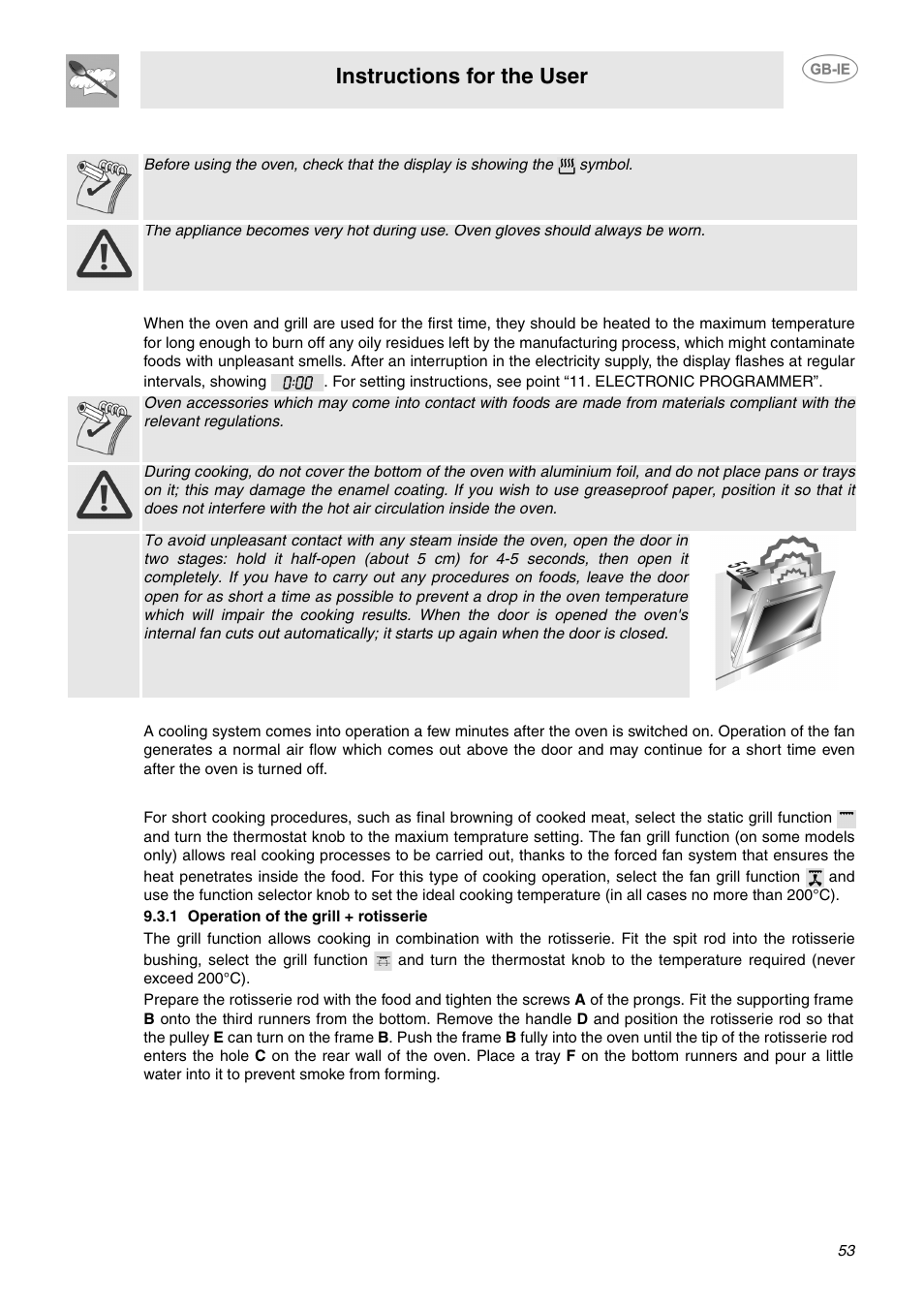 Using the oven, 1 precautions and general advice, 2 cooling fan system | 3 using the electric grill, 1 operation of the grill + rotisserie, Instructions for the user | Smeg CP60X6 User Manual | Page 8 / 21