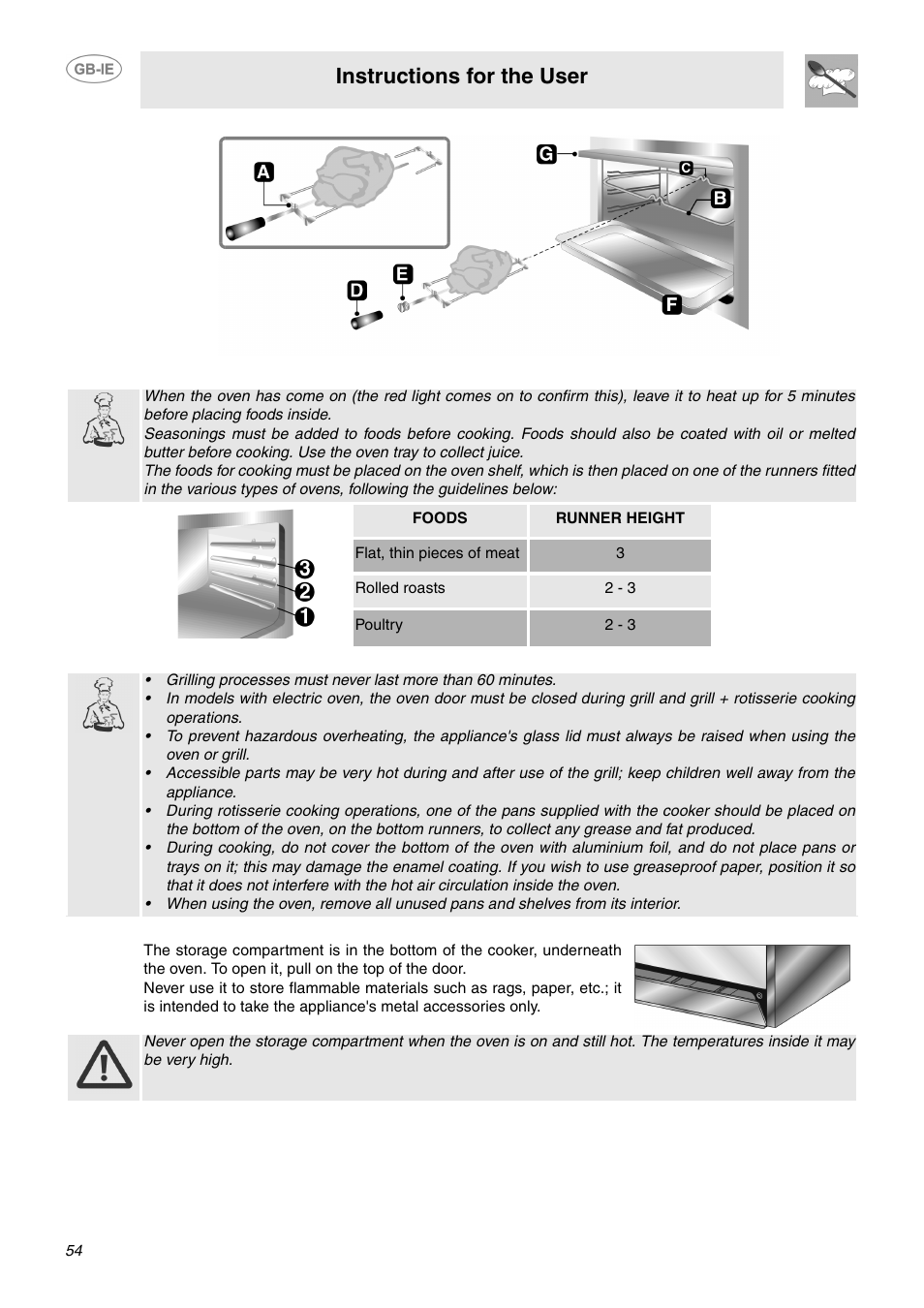 4 using the grill, 5 attention, 6 storage compartment (only on some model) | 6 storage compartment, Instructions for the user | Smeg CP60X6 User Manual | Page 9 / 21