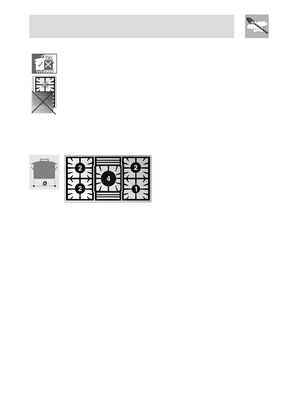 Practical advice for using the burners, Diameter of containers, Instructions for the user | Smeg PGFA95F-1 User Manual | Page 16 / 20