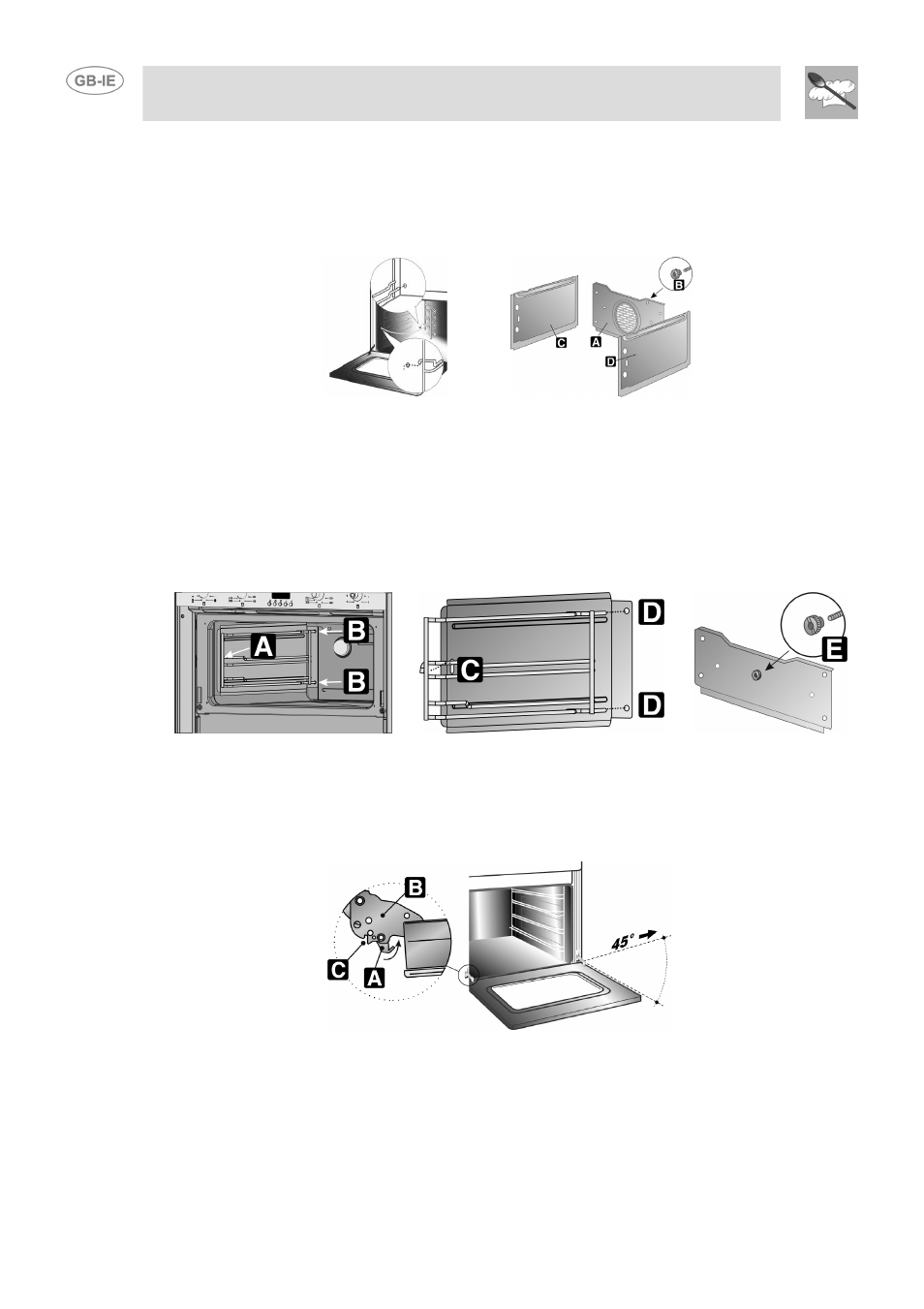 Assembling the self-cleaning liners (maxi oven), Assembling the self-cleaning liners (small oven), Removing door | Instructions for the user, 4 removing door | Smeg DUCO4SS User Manual | Page 20 / 25