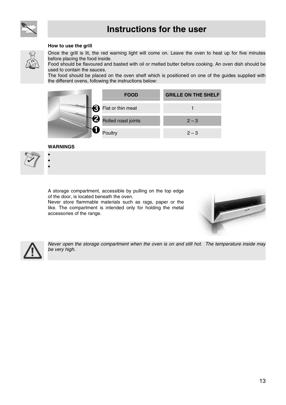 Instructions for the user, 3 storage compartment | Smeg FS66MFX User Manual | Page 11 / 16