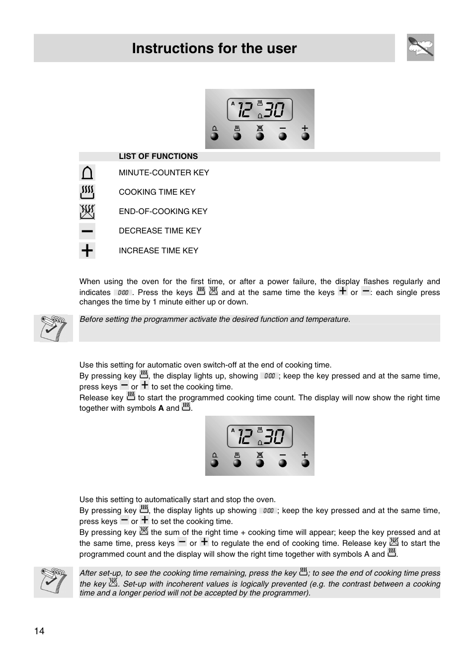 Instructions for the user, 6electronic programmer (only on equipped models), 1 clock adjustment | 2 semiautomatic cooking, 3 automatic cooking | Smeg FS66MFX User Manual | Page 12 / 16