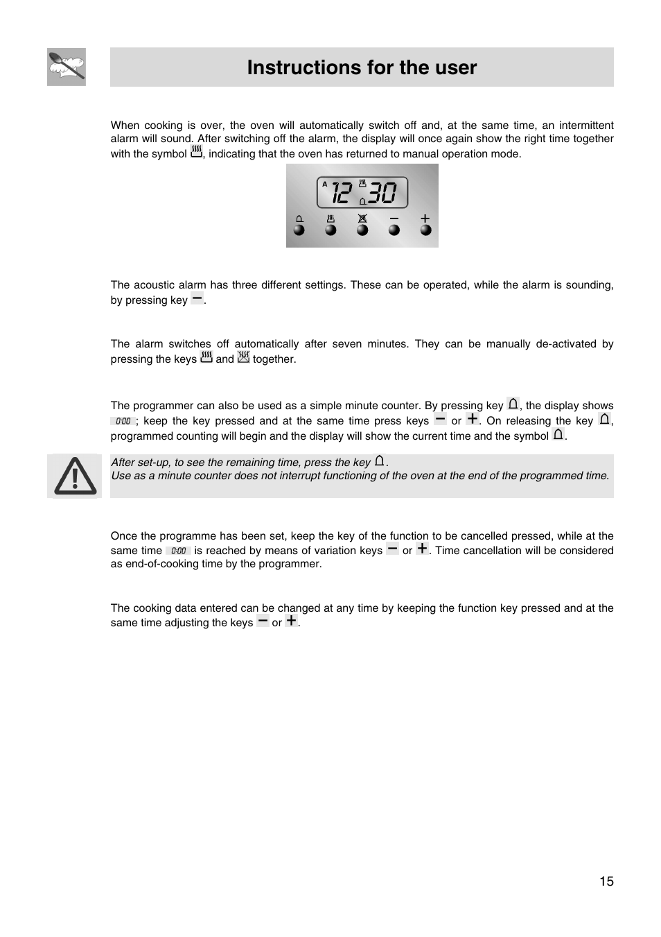 Instructions for the user, 15 6.4 end of cooking, 5 adjusting alarm volume | 6 switching off the alarm, 7 minute counter, 8 cancellation of set data, 9 changing the set data | Smeg FS66MFX User Manual | Page 13 / 16