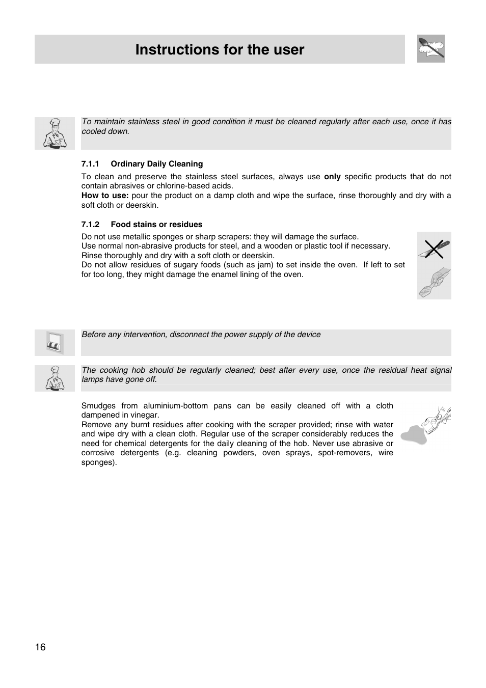 Instructions for the user, 7cleaning and maintenance | Smeg FS66MFX User Manual | Page 14 / 16
