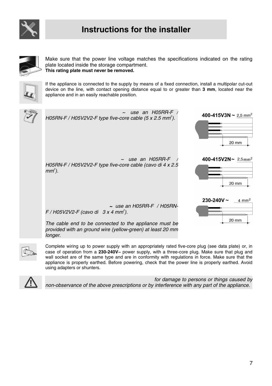 Instructions for the installer | Smeg FS66MFX User Manual | Page 5 / 16