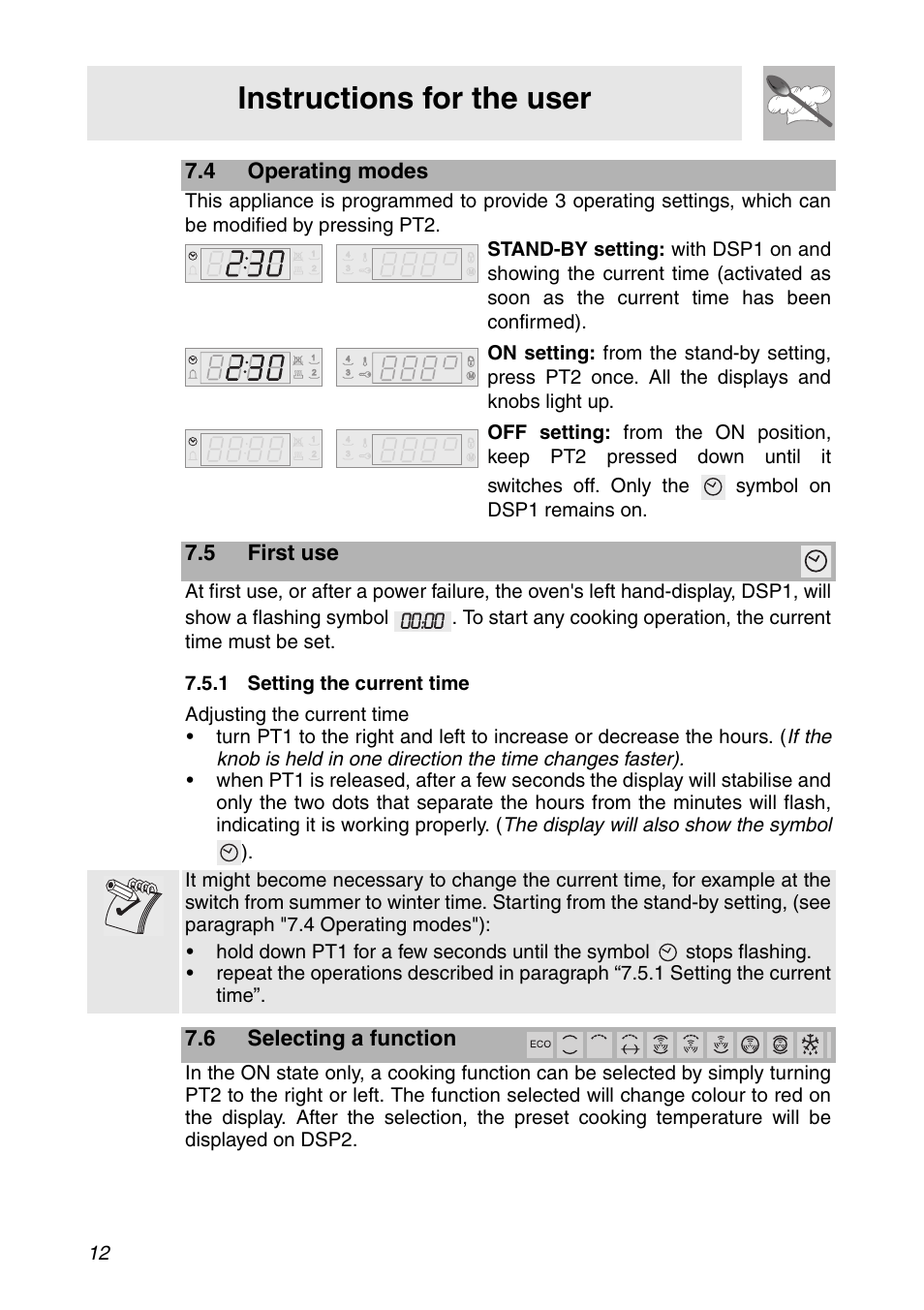 4 operating modes, 5 first use, 1 setting the current time | 6 selecting a function, Instructions for the user | Smeg SC112 User Manual | Page 10 / 44