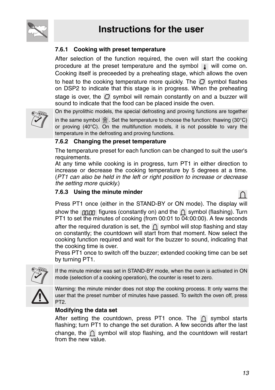 1 cooking with preset temperature, 2 changing the preset temperature, 3 using the minute minder | Instructions for the user | Smeg SC112 User Manual | Page 11 / 44