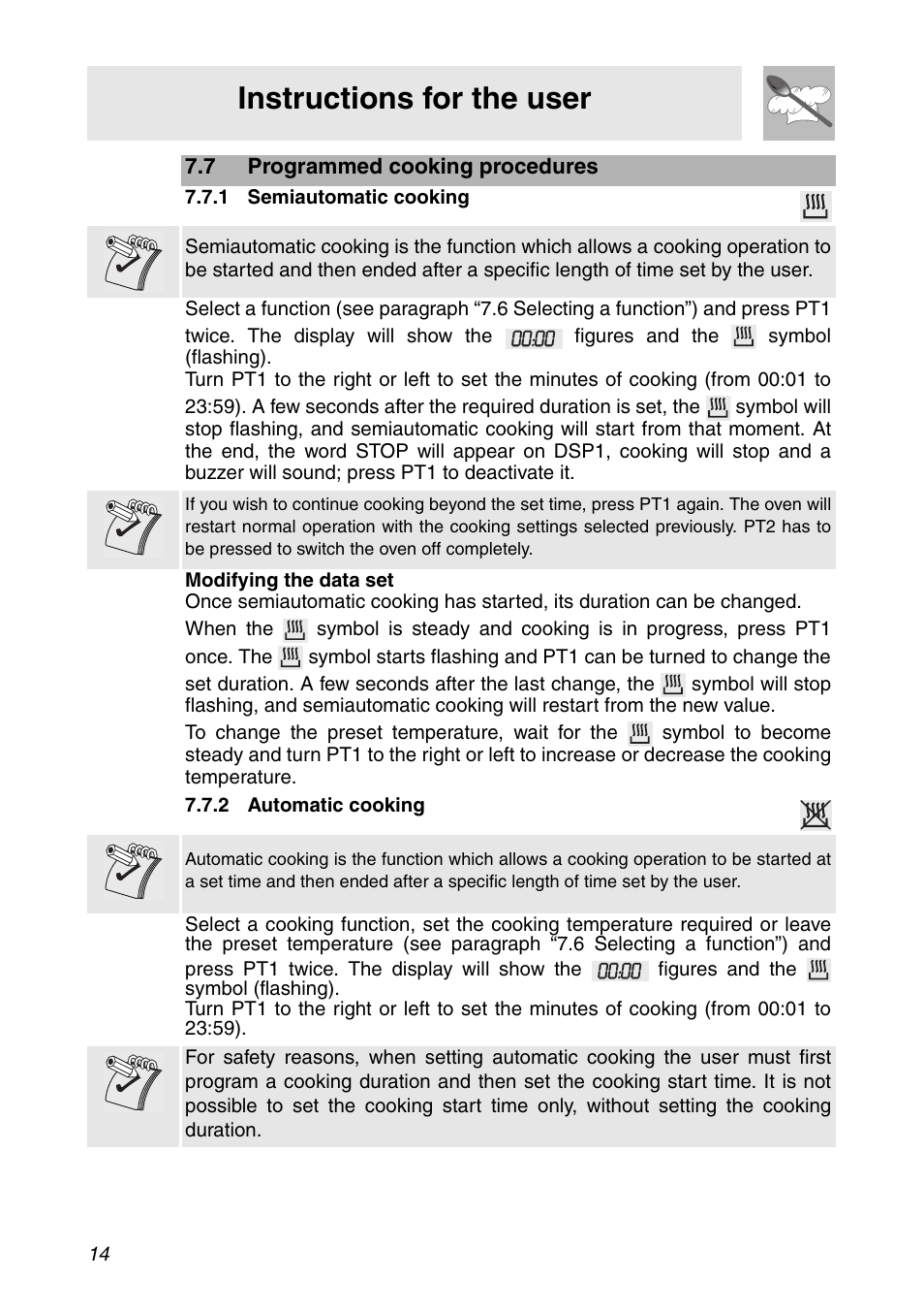 7 programmed cooking procedures, 1 semiautomatic cooking, 2 automatic cooking | Instructions for the user | Smeg SC112 User Manual | Page 12 / 44