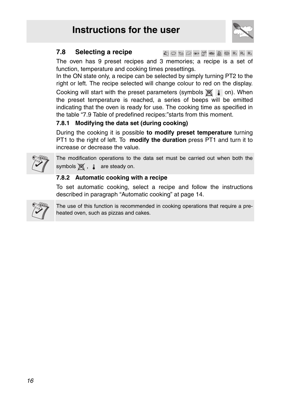 8 selecting a recipe, 1 modifying the data set (during cooking), 2 automatic cooking with a recipe | Instructions for the user | Smeg SC112 User Manual | Page 14 / 44