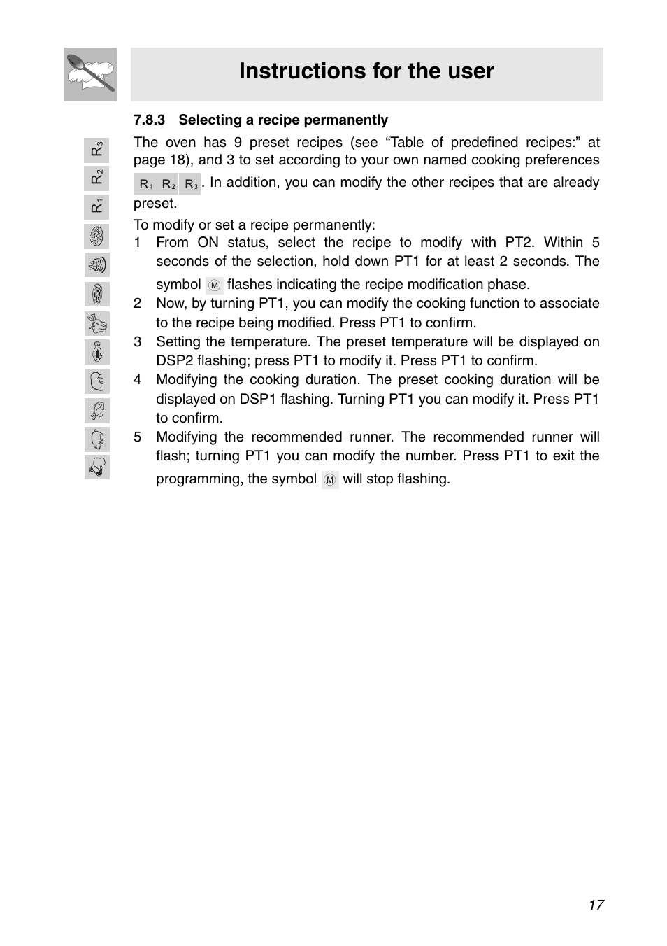 3 selecting a recipe permanently, Instructions for the user | Smeg SC112 User Manual | Page 15 / 44