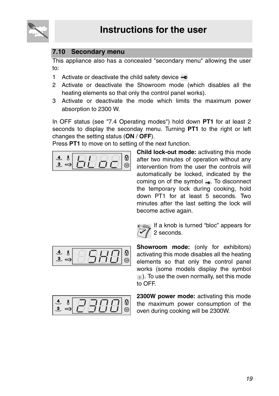 10 secondary menu, 1 activate or deactivate the child safety device, Instructions for the user | Smeg SC112 User Manual | Page 17 / 44