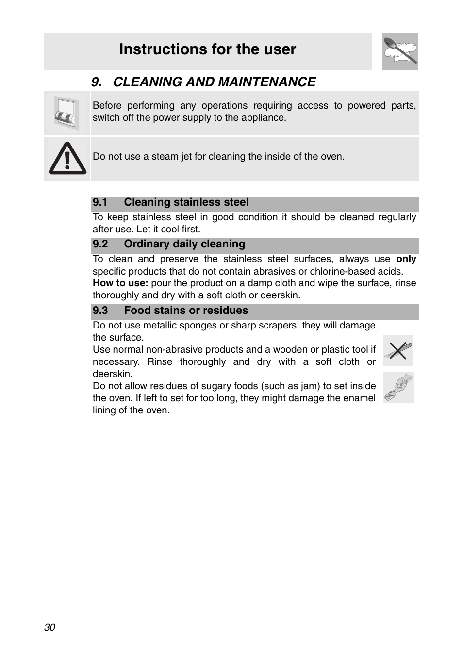 Cleaning and maintenance, 1 cleaning stainless steel, 2 ordinary daily cleaning | 3 food stains or residues, Instructions for the user | Smeg SC112 User Manual | Page 28 / 44