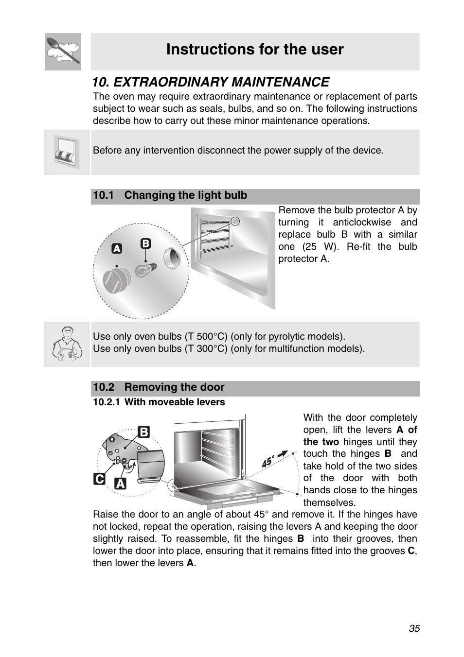 Extraordinary maintenance, 1 changing the light bulb, 2 removing the door | 1 with moveable levers, Instructions for the user | Smeg SC112 User Manual | Page 33 / 44