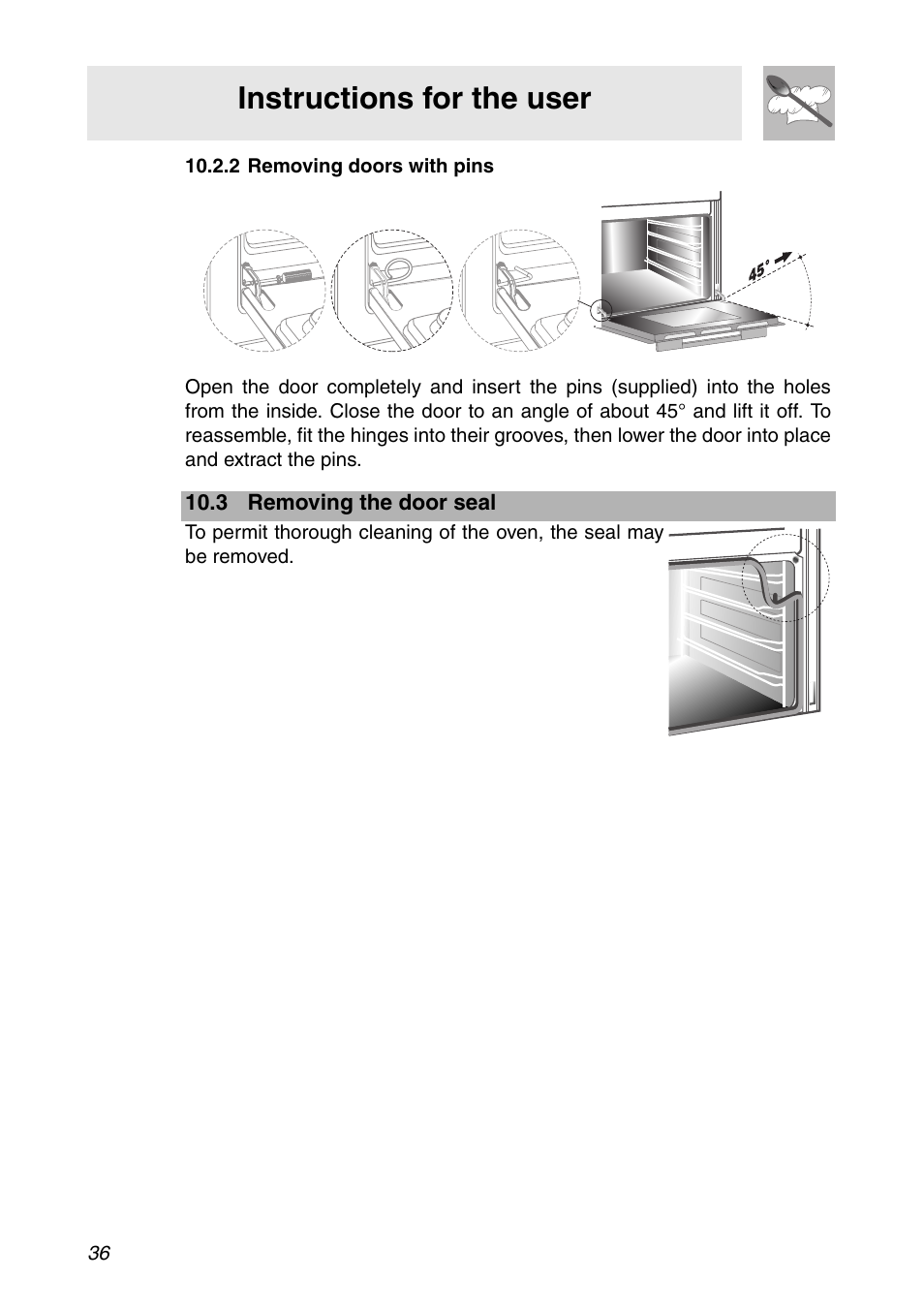 2 removing doors with pins, 3 removing the door seal, Instructions for the user | Smeg SC112 User Manual | Page 34 / 44