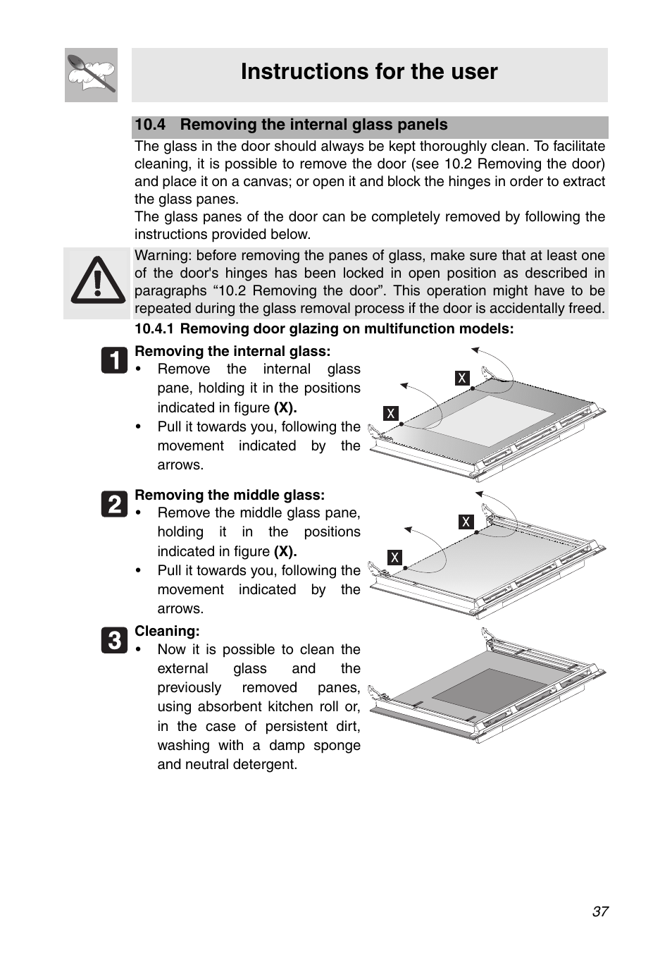 4 removing the internal glass panels, 1 removing door glazing on multifunction models, Instructions for the user | Smeg SC112 User Manual | Page 35 / 44