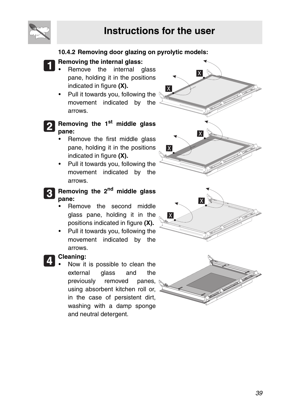 2 removing door glazing on pyrolytic models, Instructions for the user | Smeg SC112 User Manual | Page 37 / 44