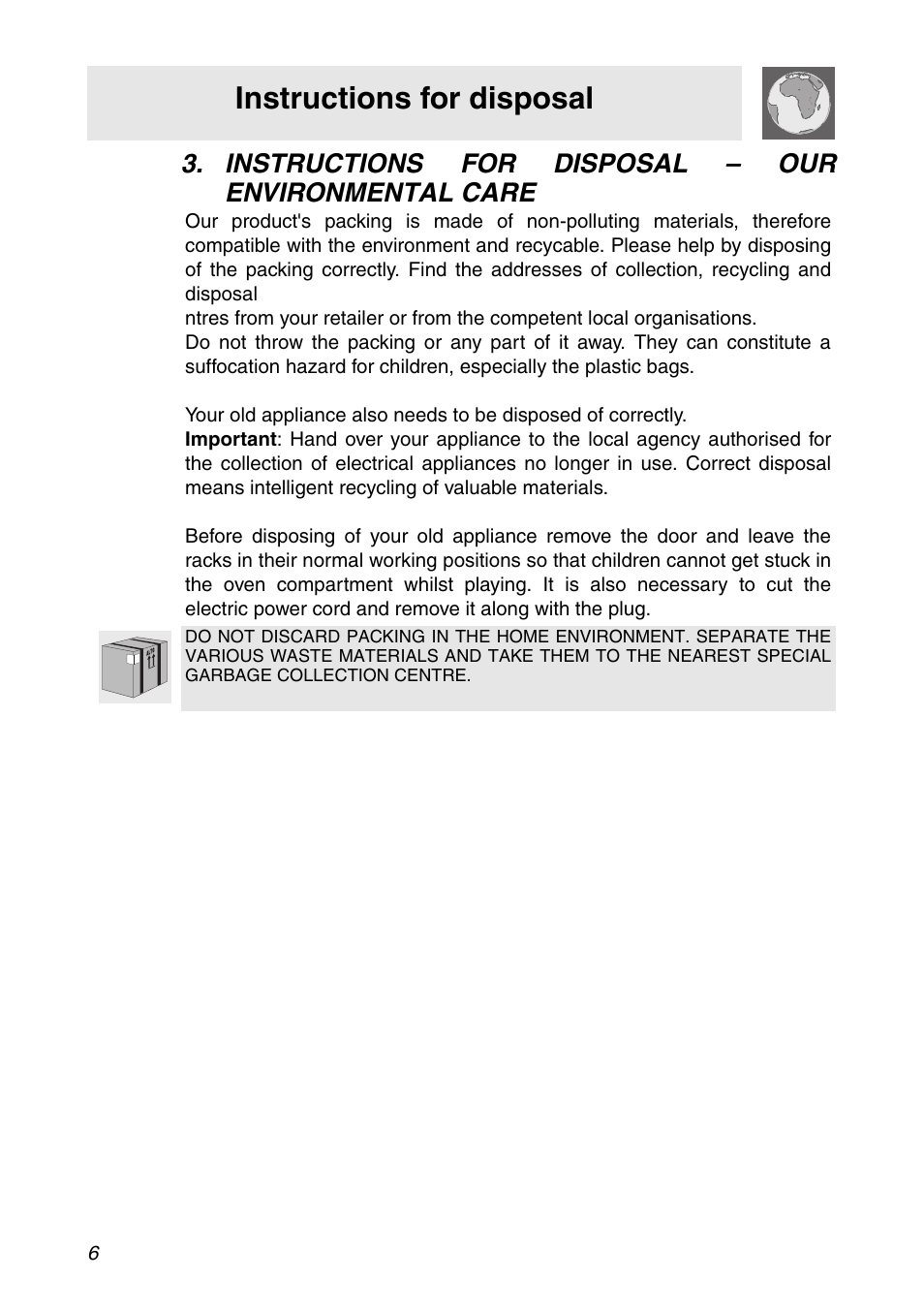 Instructions for disposal - our environmental care, Instructions for disposal, Instructions for disposal – our environmental care | Smeg SC112 User Manual | Page 4 / 44
