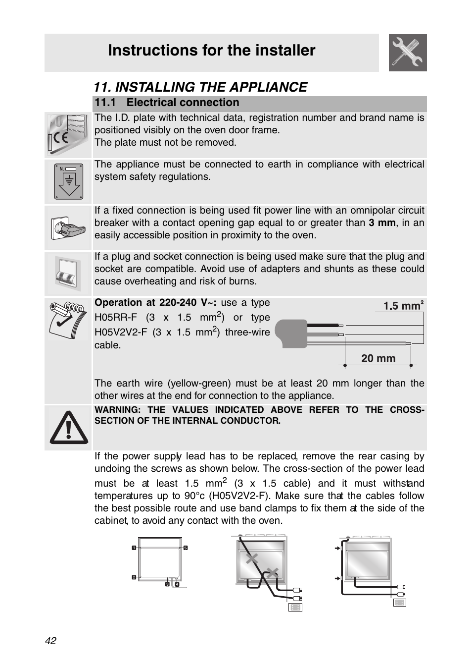 Installing the appliance, 1 electrical connection, Instructions for the installer | Smeg SC112 User Manual | Page 40 / 44