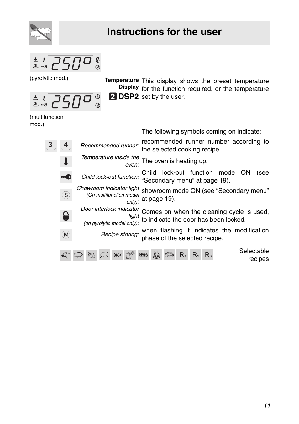 Instructions for the user, Dsp2 | Smeg SC112 User Manual | Page 9 / 44