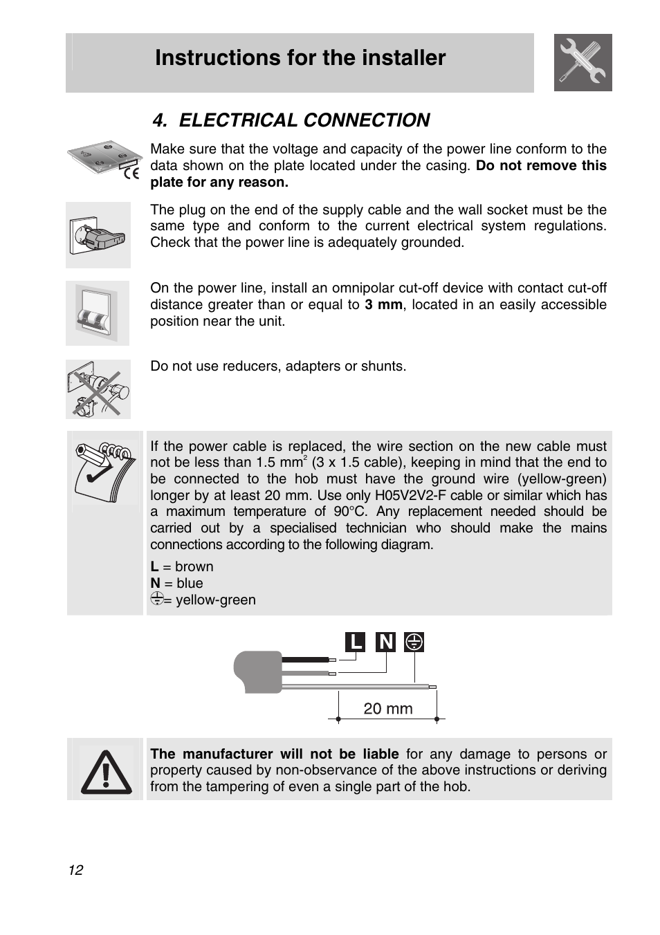 Electrical connection, Instructions for the installer, Do not use reducers, adapters or shunts | L = brown n = blue = yellow-green | Smeg CIR597X5 User Manual | Page 10 / 20