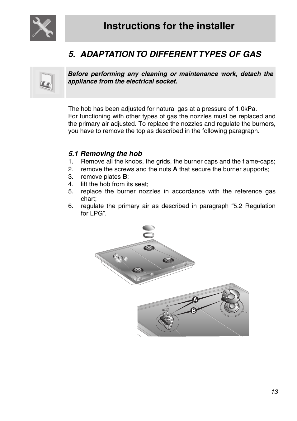 Adaptation to different types of gas, 1 removing the hob, Instructions for the installer | Smeg CIR597X5 User Manual | Page 11 / 20