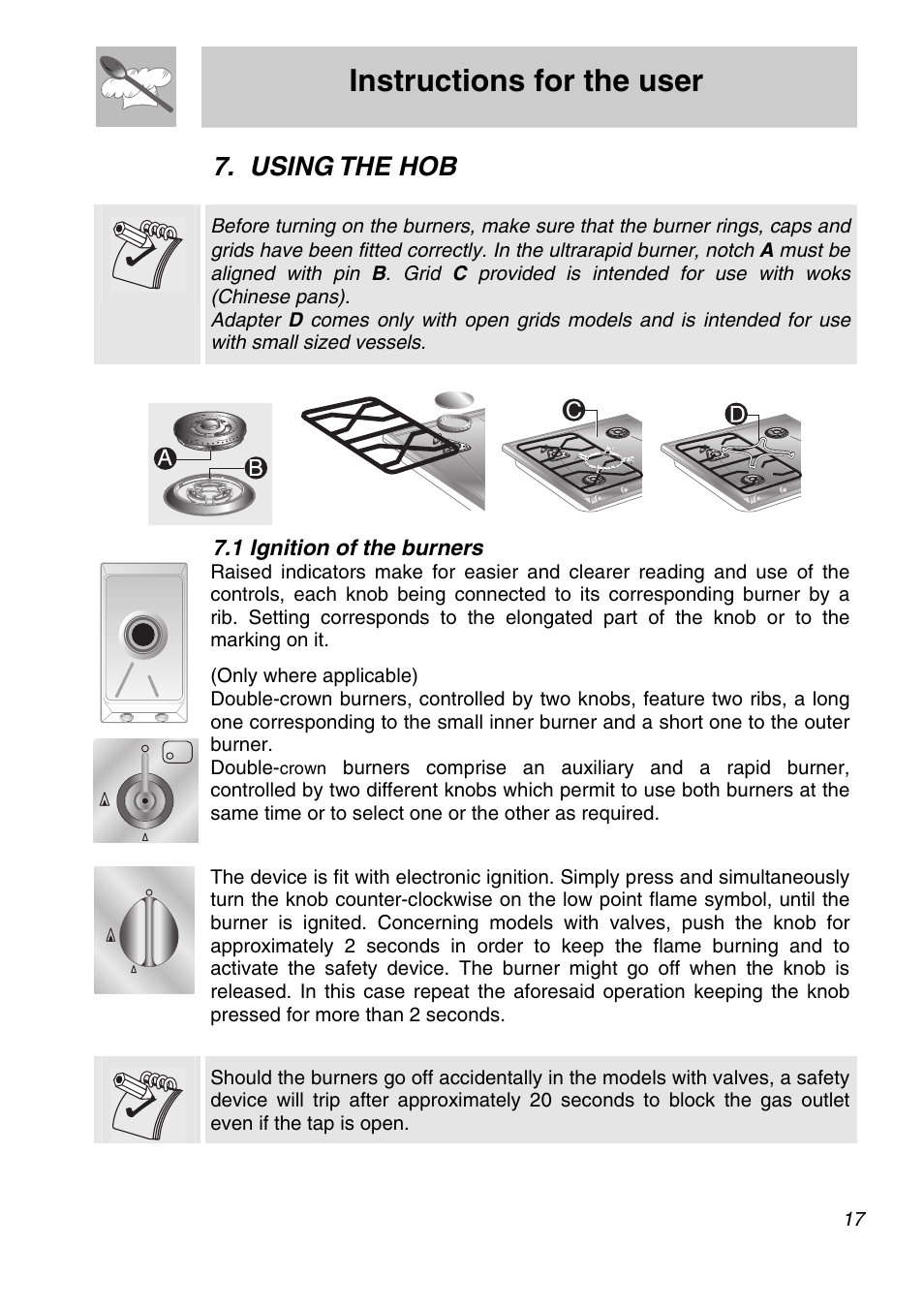 Using the hob, 1 ignition of the burners, Instructions for the user | Smeg CIR597X5 User Manual | Page 15 / 20