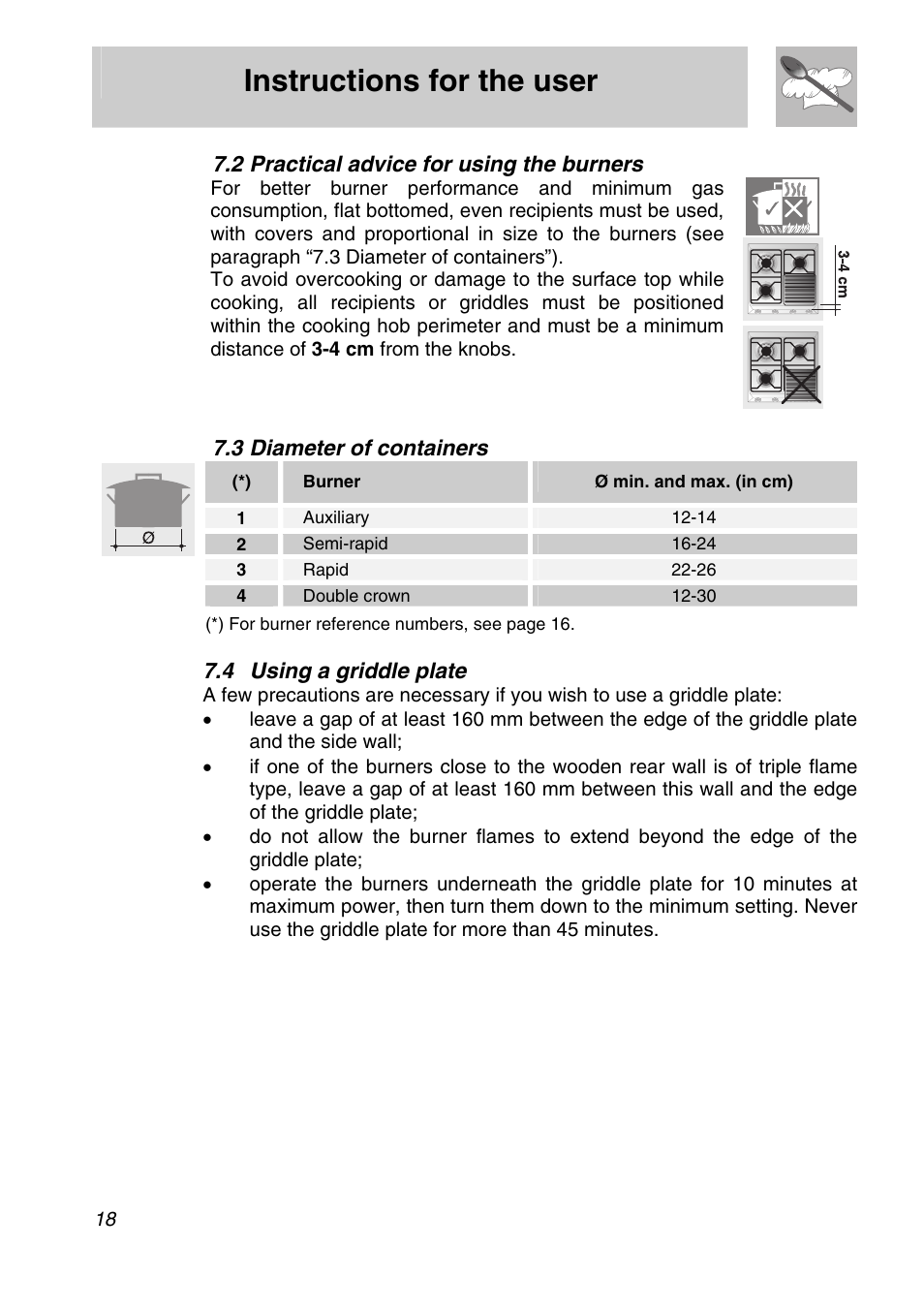 Practical advice for using the burners, 3 diameter of containers, 4 using a griddle plate | Instructions for the user, 2 practical advice for using the burners | Smeg CIR597X5 User Manual | Page 16 / 20