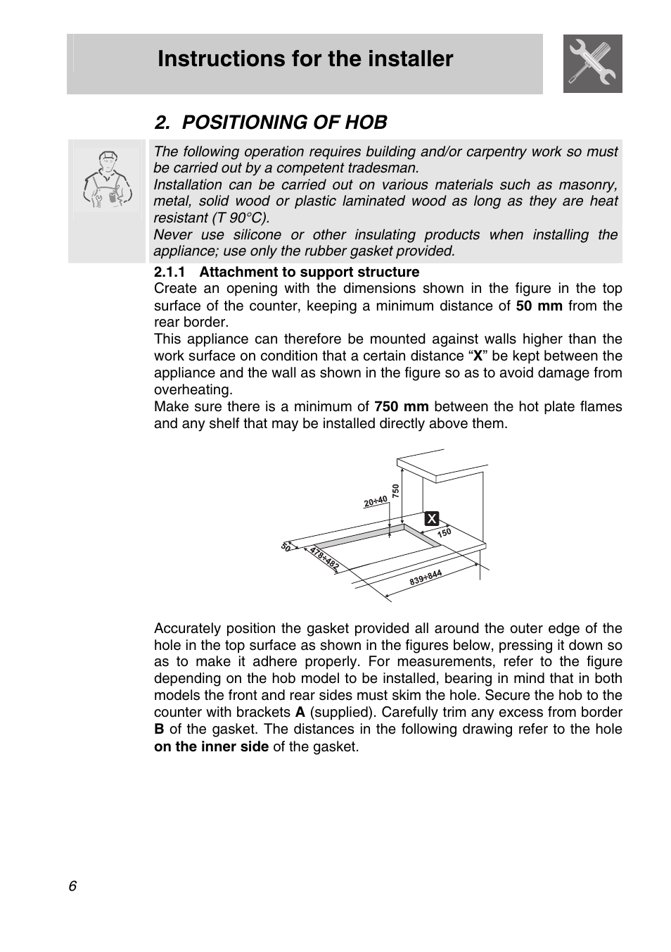 Positioning of hob, 1 attachment to support structure, Instructions for the installer | Smeg CIR597X5 User Manual | Page 4 / 20