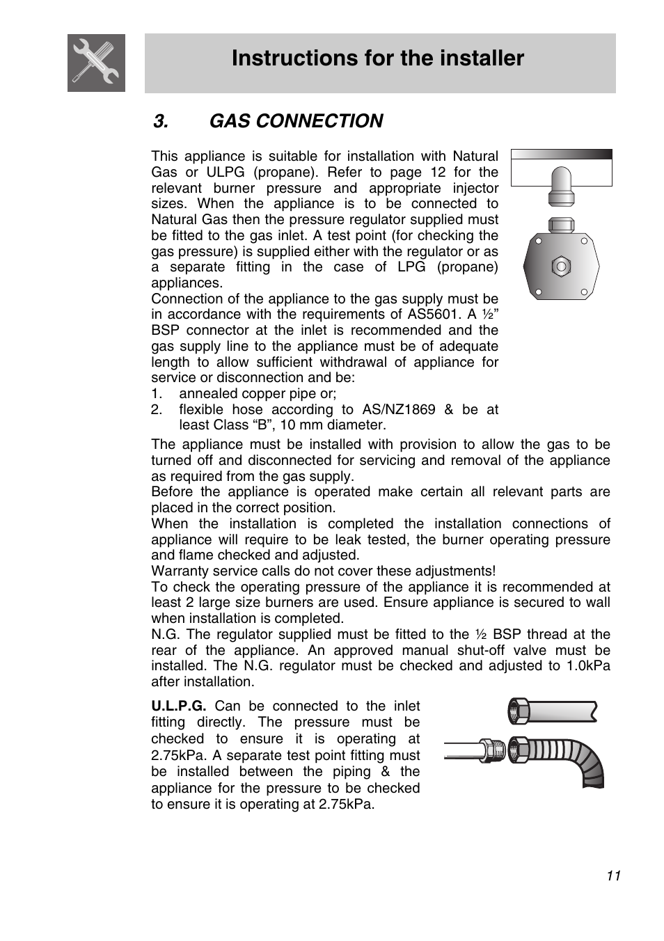 Gas connection, Instructions for the installer | Smeg CIR597X5 User Manual | Page 9 / 20
