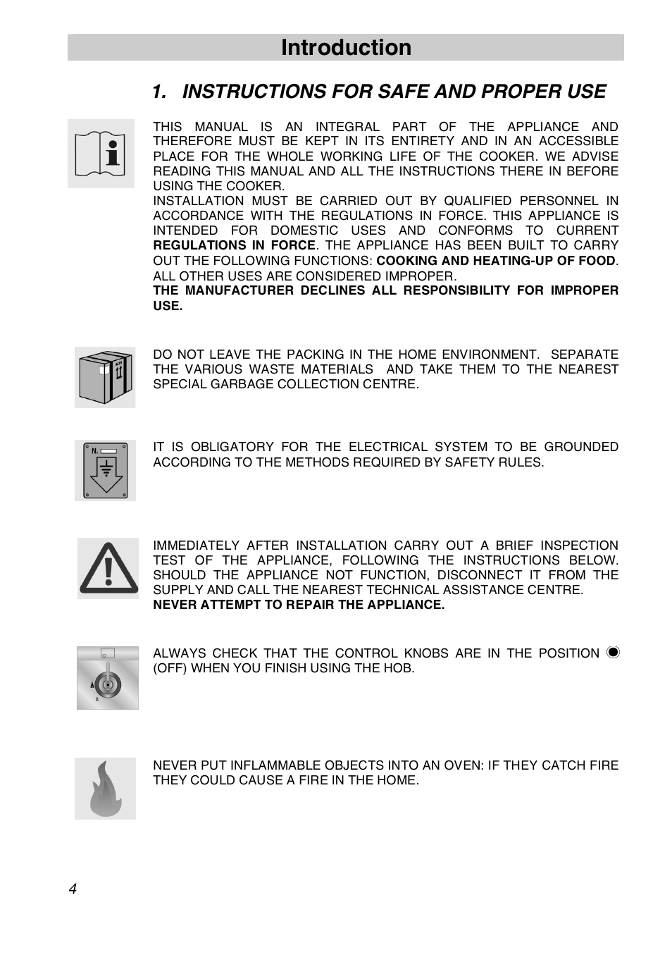 Introduction, Instructions for safe and proper use | Smeg Freestanding Cookers Gas FS61XPZ5 User Manual | Page 2 / 30