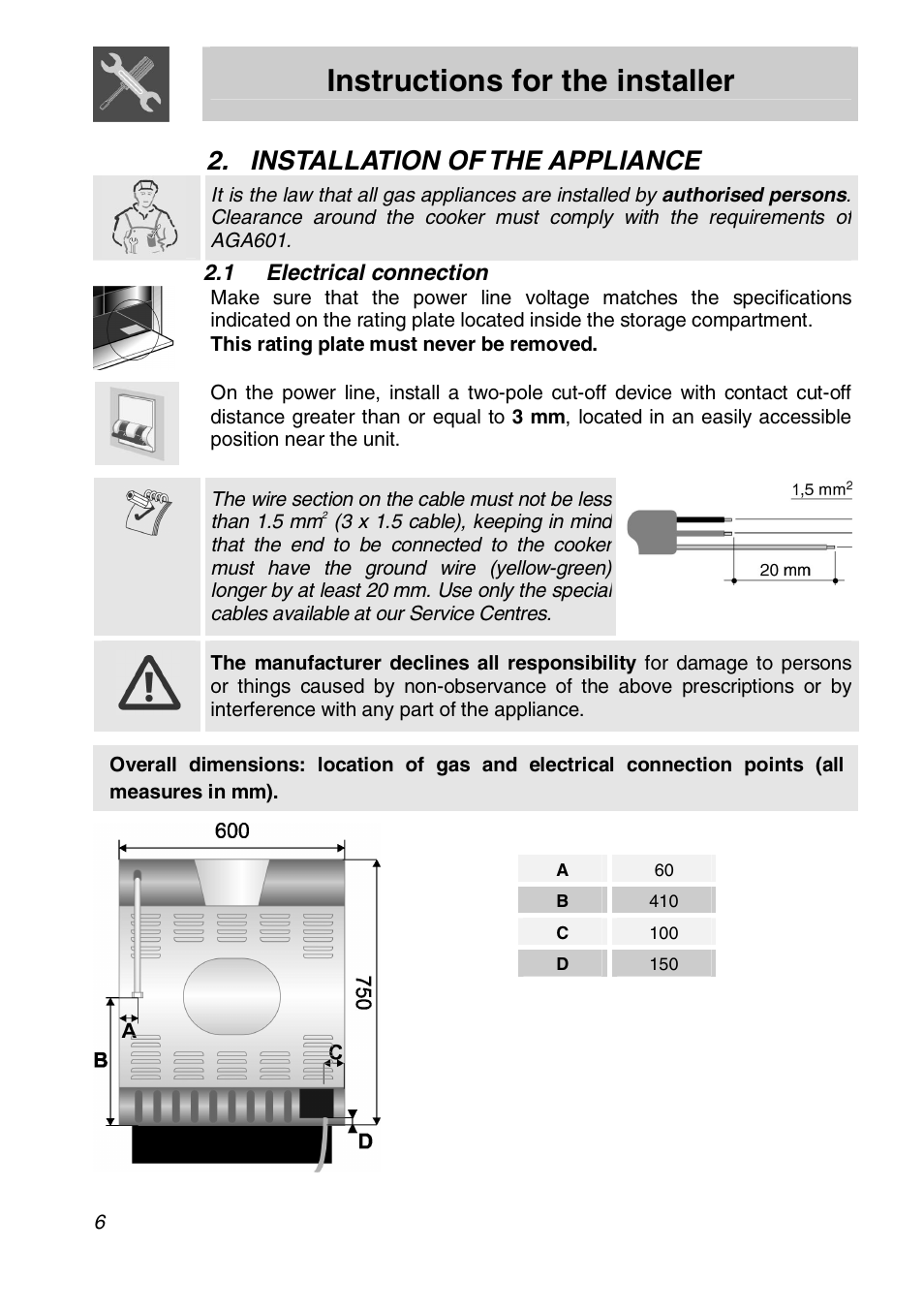 Instructions for the installer, Installation of the appliance, 1 electrical connection | Smeg Freestanding Cookers Gas FS61XPZ5 User Manual | Page 4 / 30