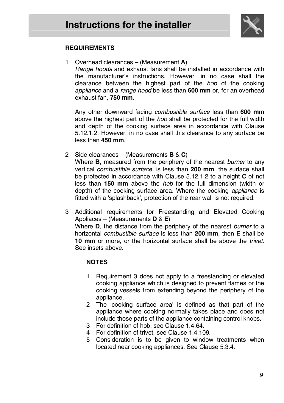 Instructions for the installer | Smeg Freestanding Cookers Gas FS61XPZ5 User Manual | Page 7 / 30