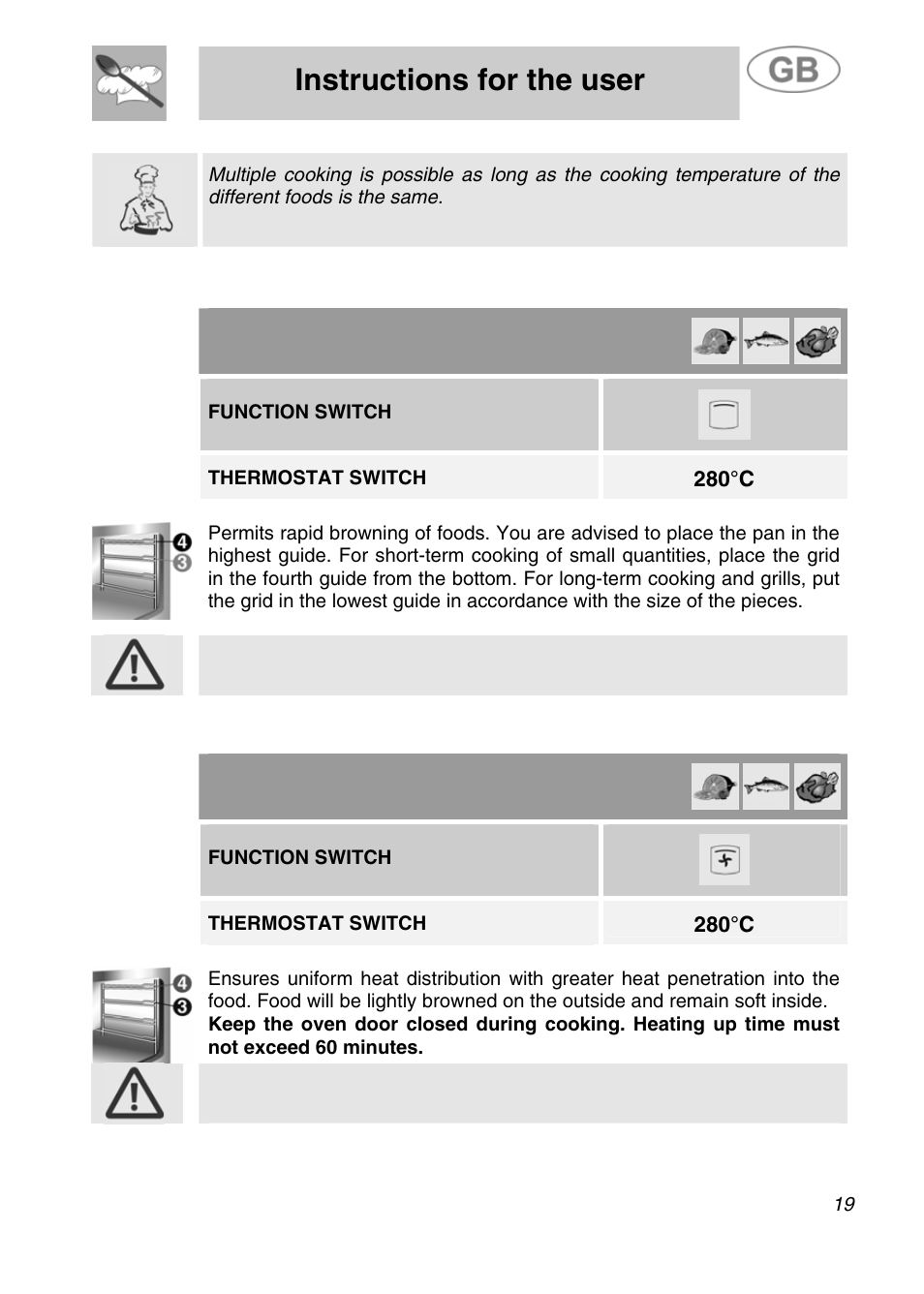 Instructions for the user, 3 grill cooking, 280°c | 4 hot-air grilling, Function switch, Thermostat switch | Smeg JRP30GIBB User Manual | Page 17 / 28