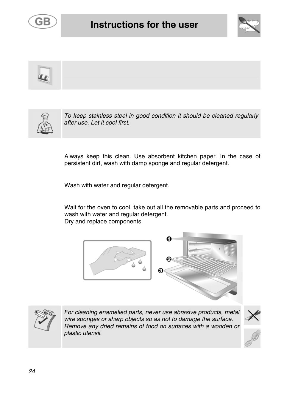 Instructions for the user, Cleaning and maintenance, 1 cleaning stainless steel | 2 door glass, 3 outer oven structure, 4 enamelled parts, Wash with water and regular detergent | Smeg JRP30GIBB User Manual | Page 22 / 28