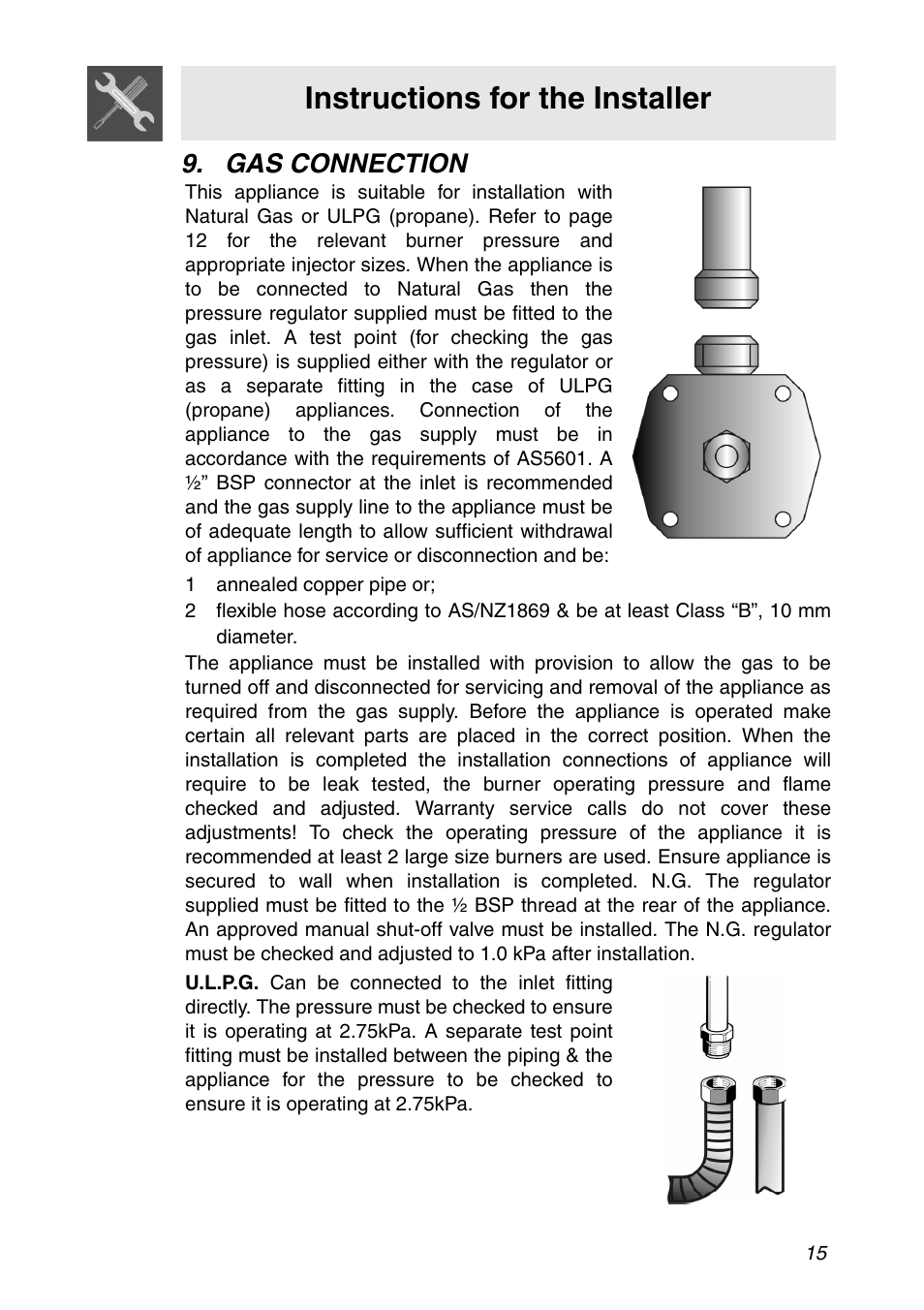 Gas connection, 1 annealed copper pipe or, Instructions for the installer | Smeg CIR900X User Manual | Page 13 / 20