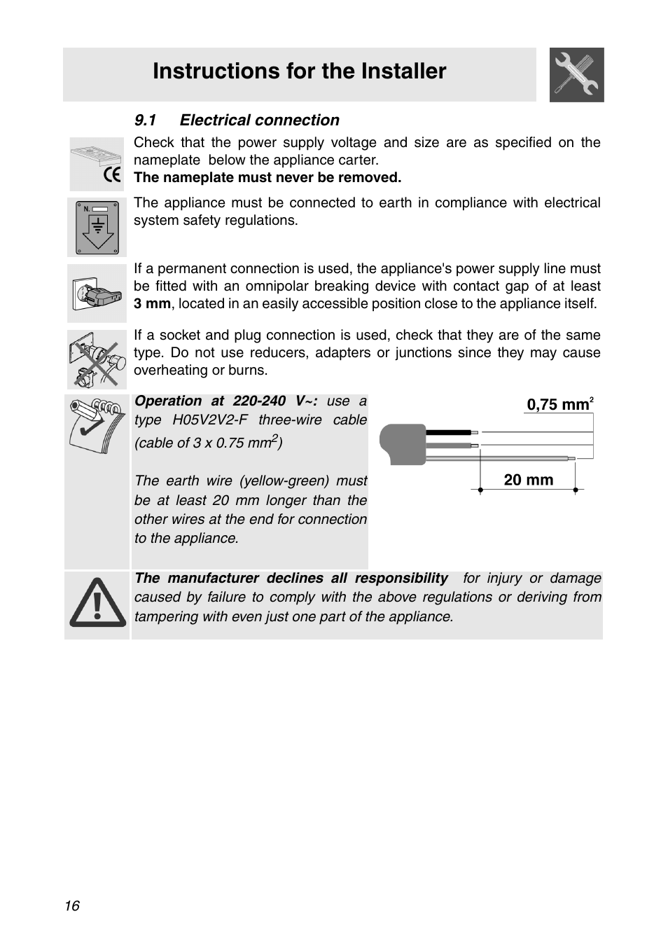 1 electrical connection, Instructions for the installer | Smeg CIR900X User Manual | Page 14 / 20