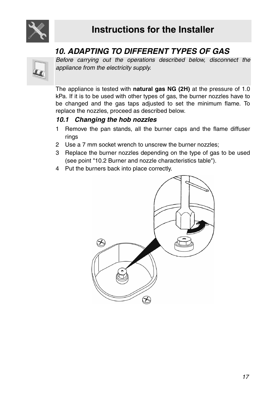 Adapting to different types of gas, 1 changing the hob nozzles, 4 put the burners back into place correctly | Instructions for the installer | Smeg CIR900X User Manual | Page 15 / 20