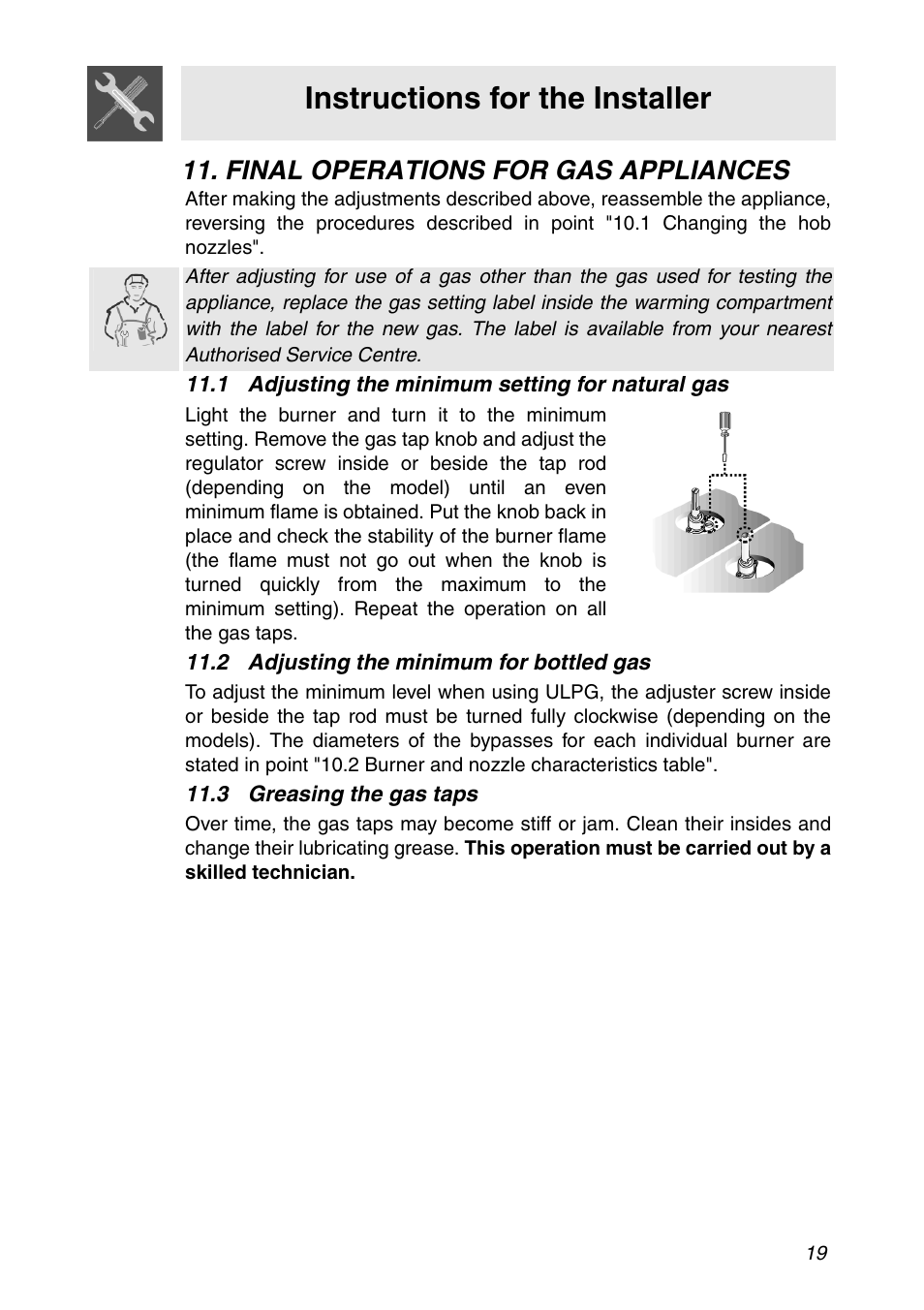 Final operations for gas appliances, 1 adjusting the minimum setting for natural gas, 2 adjusting the minimum for bottled gas | 3 greasing the gas taps, Instructions for the installer | Smeg CIR900X User Manual | Page 17 / 20