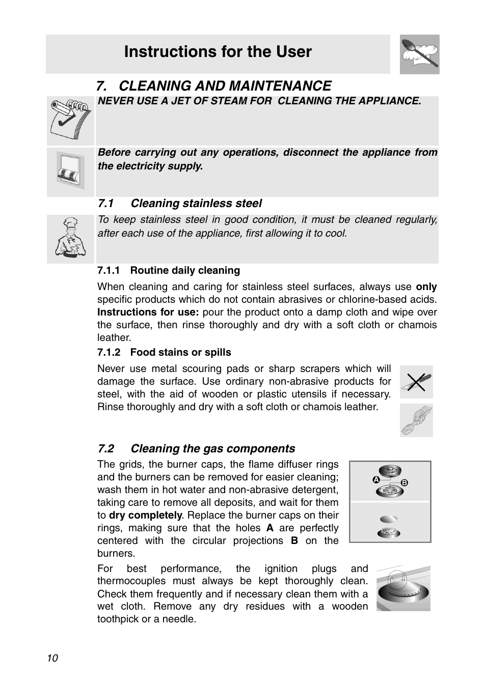 Cleaning and maintenance, 1 cleaning stainless steel, 1 routine daily cleaning | 2 food stains or spills, 2 cleaning the gas components, Instructions for the user | Smeg CIR900X User Manual | Page 8 / 20