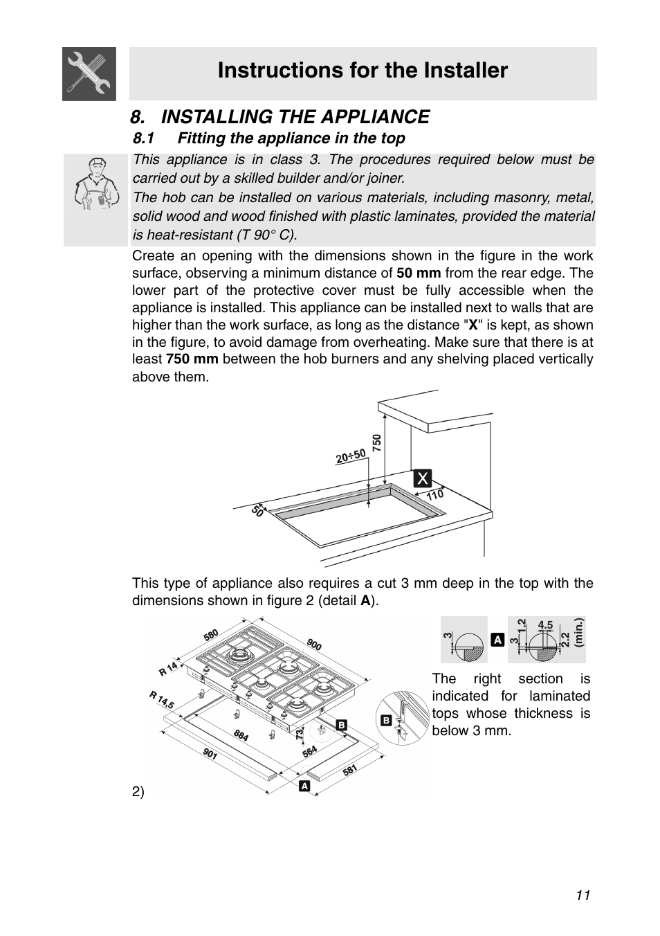 Installing the appliance, 1 fitting the appliance in the top, Instructions for the installer | Smeg CIR900X User Manual | Page 9 / 20
